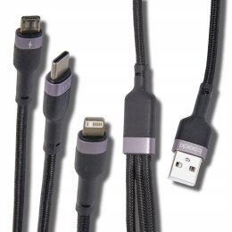 Kabel USB 3w1 USB-C Micro Lightning 100W 1.2m oplot 3 końcówki do ładowania