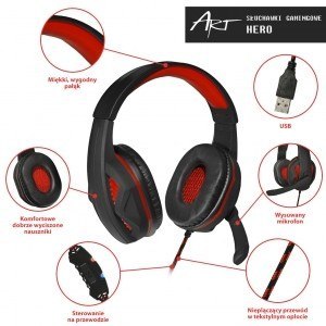 Słuchawki gamingowe ART HERO USB z mikrofonem dynamiczne stereo czarne