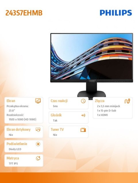 Monitor Philips 243S7EHMB IPS 23.8 FHD z Pivot i głośnikami