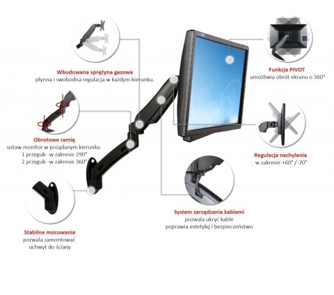 Uchwyt ścienny ART L-12GW na sprężynie gazowej do 1 monitora LED 13-27 cali