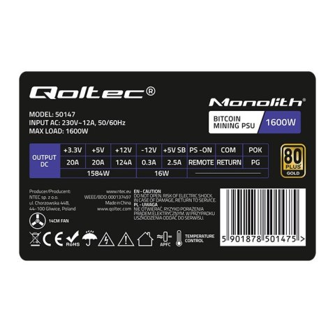 Zasilacz ATX Qoltec 1600W 80 Plus Gold profesjonalny do koparki