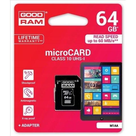 Karta pamięci GOODRAM microSD 64GB CL10 UHS I z adapterem