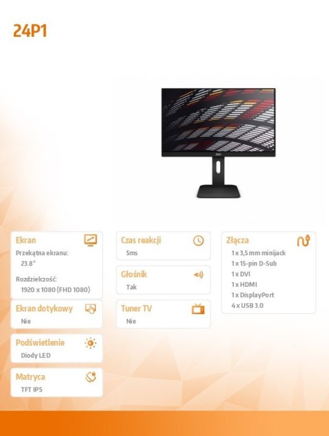 Monitor AOC 24P1 23.8 FHD IPS bezramkowy z Pivot i głośnikami