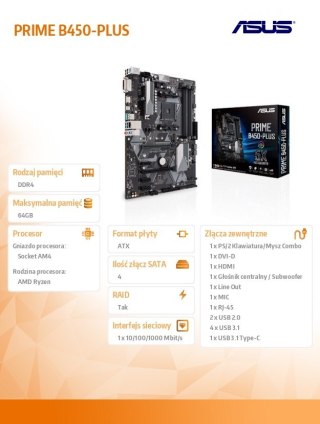 Płyta główna Asus PRIME B450-PLUS AM4 ATX z HDMI DVI 4xDDR4