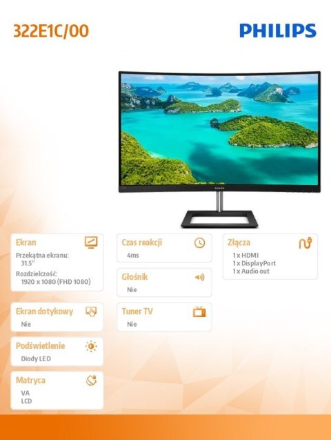 Monitor Philips 322E1C 31.5 FHD zakrzywiony VA HDMI