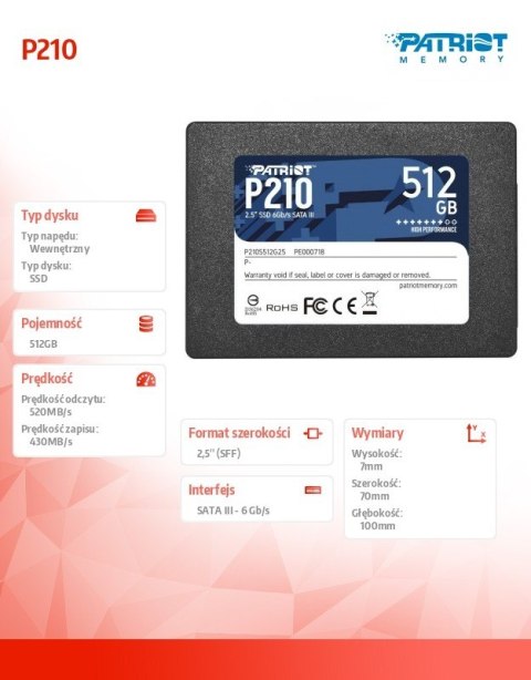 Dysk SSD Patriot P210 512GB 520 MB/s SATA III 2,5 czarny