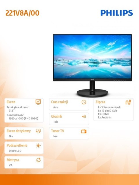 Monitor Philips 221V8A 21.5 FHD VA HDMI z głośnikami