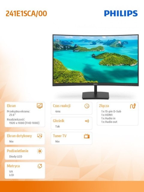 Monitor Philips 241E1SCA 23.6 cali Curved VA Full HD z głośnikami HDMI