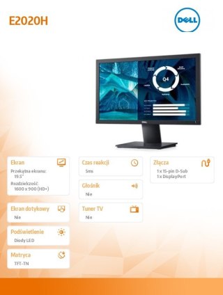 Monitor Dell E2020H 19.5 LED TN 1600x900 matowy z VGA DP 5Y PPG