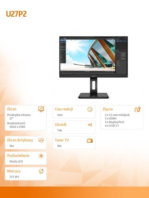 Monitor AOC U27P2 27 IPS 4K HDMI DP USB Pivot ergonomiczny