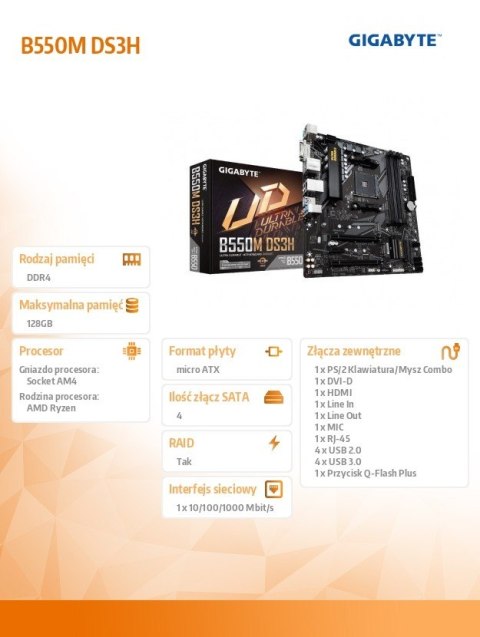 Płyta główna Gigabyte B550M DS3H AM4 mATX 4x DDR4 HDMI DVI