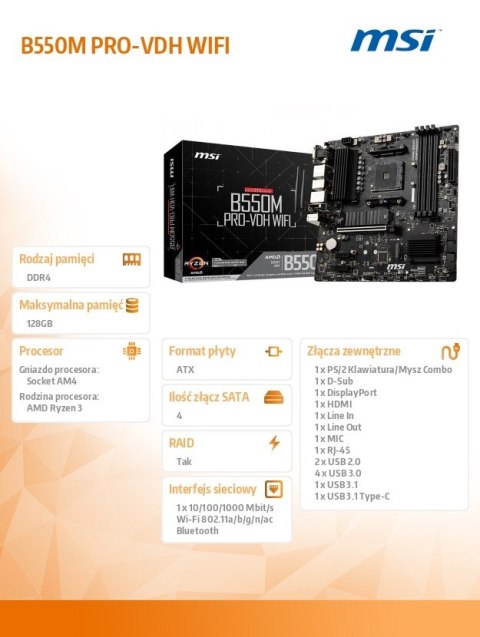 Płyta główna MSI B550M PRO-VDH WIFI mATX 4DDR4 HDMI/DP