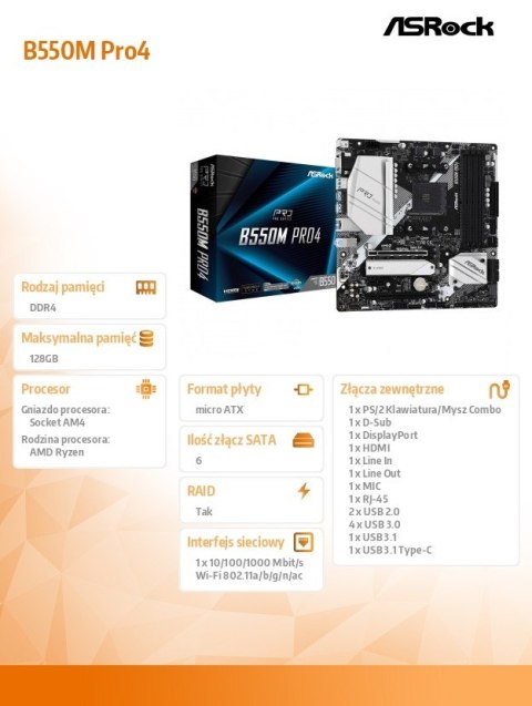 Płyta główna ASRock B550M Pro4 AM4 mATX z HDMI DDR4 4733+
