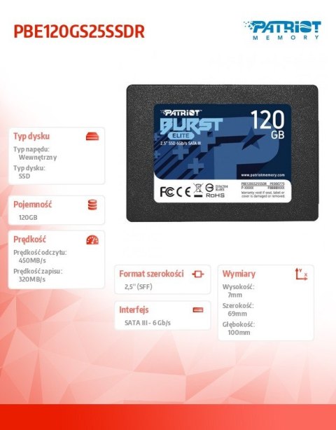 Dysk SSD Patriot Burst Elite 120GB SATA III 450MB/s czarny 2.5 nowoczesny