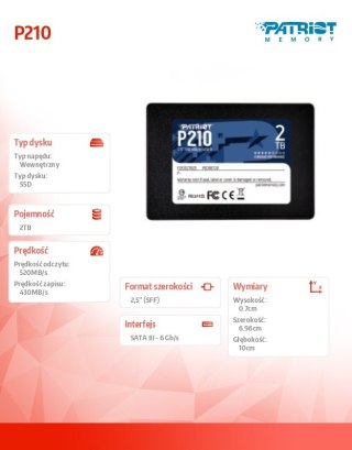 Dysk SSD Patriot P210 2TB 520 430 MB/s SATA III szybki wewnętrzny