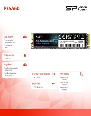 Dysk SSD Silicon Power P34A60 256GB M.2 PCIe 2100 MB/s NVMe wydajny