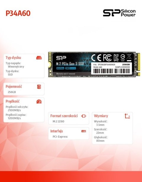 Dysk SSD Silicon Power P34A60 256GB M.2 PCIe 2100 MB/s NVMe wydajny