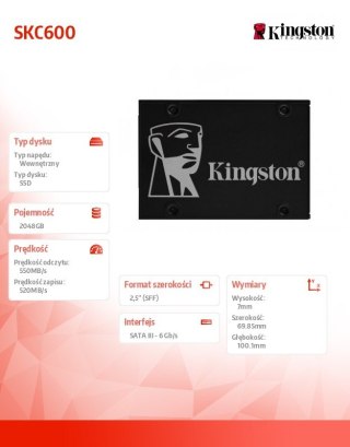 Dysk SSD Kingston KC600 2TB SATA3 2.5' szybki wydajny