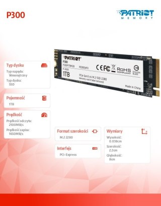 Dysk SSD Patriot P300 1TB M.2 PCIe Gen 3 wydajny szybki