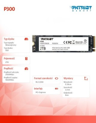Dysk SSD Patriot P300 2TB M.2 PCIe Gen 3 szybki wewnętrzny