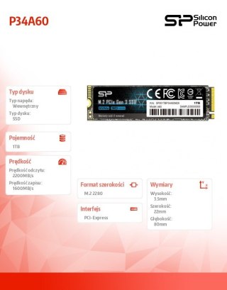 Dysk SSD Silicon Power P34A60 1TB NVMe M.2 szybki 2200 MB/s
