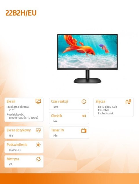 Monitor AOC 22B2H/EU 21.5 cala VA Full HD bezramkowy z HDMI