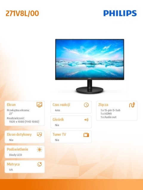 Monitor Philips 271V8L 27 cali VA FHD HDMI ergonomiczny