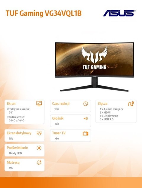 Monitor Asus TUF Gaming VG34VQL1B 34 cale UWQHD 165Hz zakrzywiony