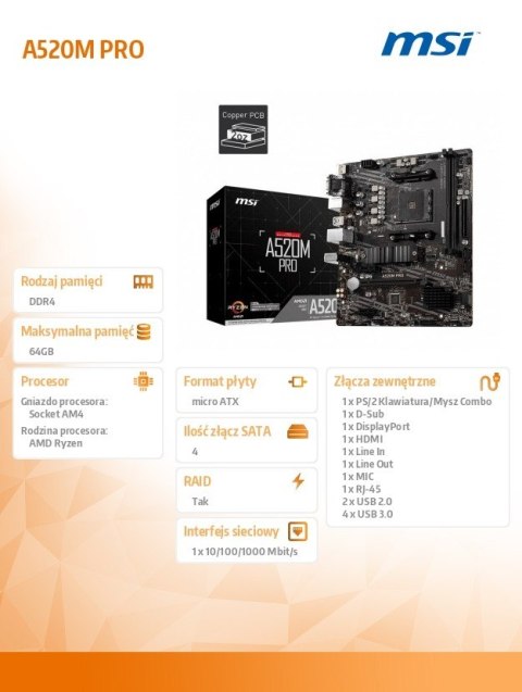 Płyta główna MSI A520M PRO AM4 mATX 2DDR4 HDMI USB 3.2 wydajna