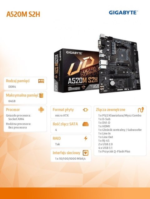 Płyta główna Gigabyte A520M S2H AM4 mATX 2DDR4 HDMI DVI RGB