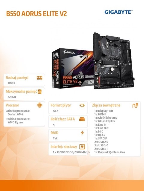 Płyta główna Gigabyte B550 AORUS ELITE V2 AM4 DDR4 ATX z HDMI DP M.2