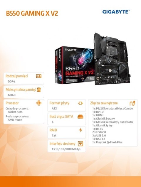 Płyta główna Gigabyte B550 GAMING X V2 AM4 4DDR4 ATX z HDMI/DVI