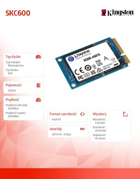 Dysk SSD Kingston SKC600 256GB mSATA 550 500 MB/s wydajny