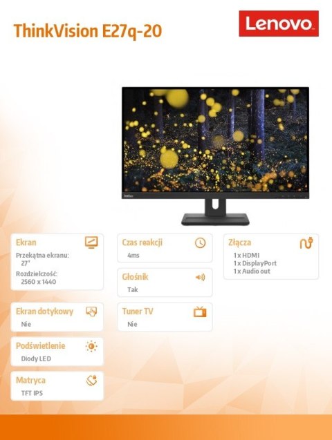 Monitor Lenovo ThinkVision E27q-20 27'' QHD matowy 350 cd/m2