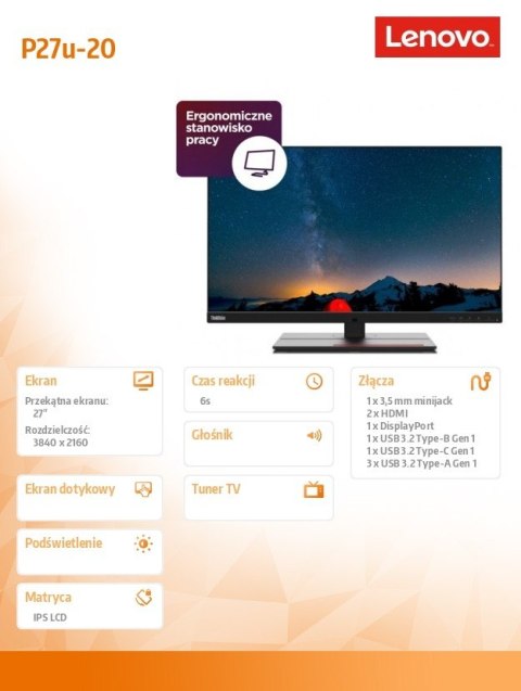 Monitor Lenovo ThinkVision P27u-20 27'' 4K UHD IPS Matowy