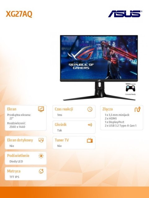 Monitor Asus ROG Strix XG27AQ 27 WQHD 170Hz szybki IPS z głośnikami