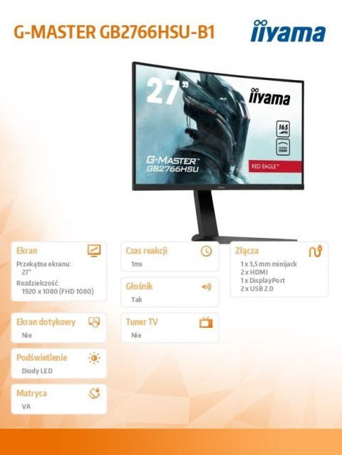 Monitor IIYAMA G-MASTER GB2766HSU-B1 27 VA 165Hz zakrzywiony 1ms FHD