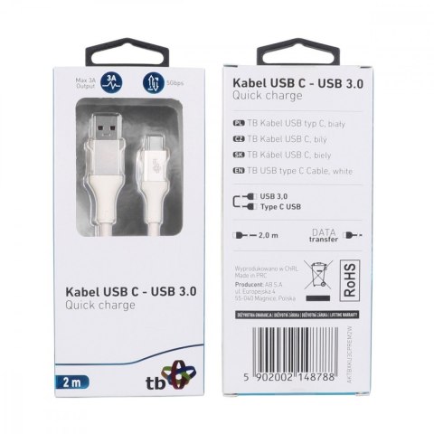 Kabel USB 3.0 USB C 2m PREMIUM 3A biały TPE szybkie ładowanie