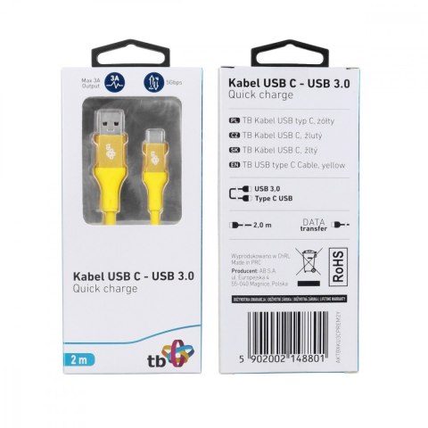 Kabel USB 3.0 USB C 2m PREMIUM szybkie ładowanie żółty TPE
