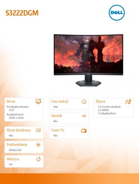 Monitor Dell S3222DGM 31,5 QHD zakrzywiony do gier 165 Hz