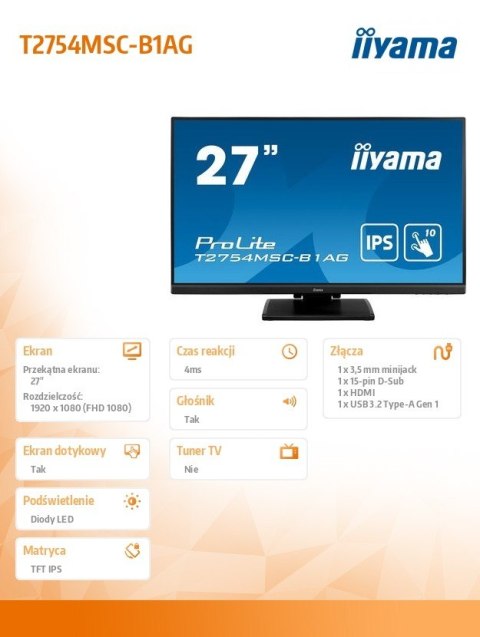 Monitor IIYAMA T2754MSC-B1AG 27 cali IPS dotykowy z powłoką AG