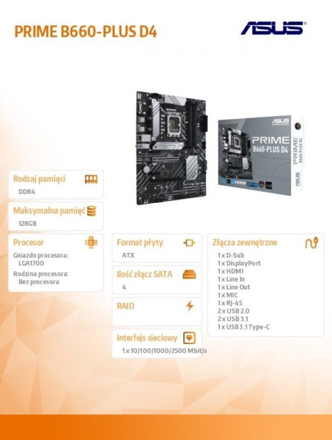 Płyta główna ASUS PRIME B660-PLUS D4 s1700 4xDDR4 ATX 4M.2 HDMI