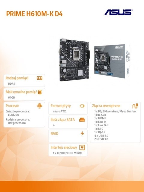 Płyta główna Asus PRIME H610M-K D4 mATX DDR4 z HDMI M.2