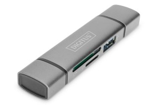Czytnik kart DIGITUS 3 portowy USB Typ C USB 3 SuperSpeed aluminiowy szary