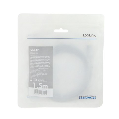 Kabel USB-C M/M LogiLink PD aluminiowy 1.5m szybki do zasilania