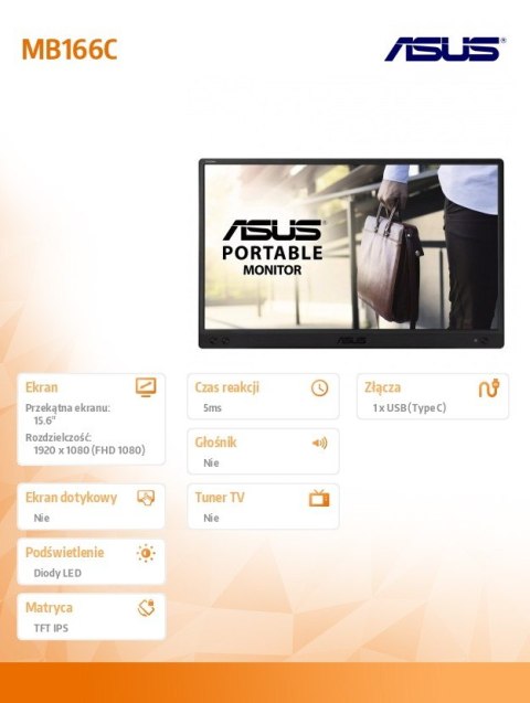 Monitor Asus MB166C 16 cali matowy FHD mobilny TFT IPS lekkie