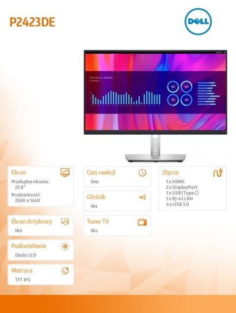 Monitor Dell P2423DE 23.8 QHD IPS LED z USB-C i RJ45