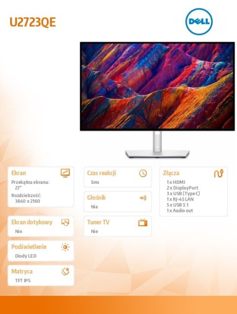 Monitor Dell U2723QE 27 IPS LED 4K z USB-C i koncentratorem