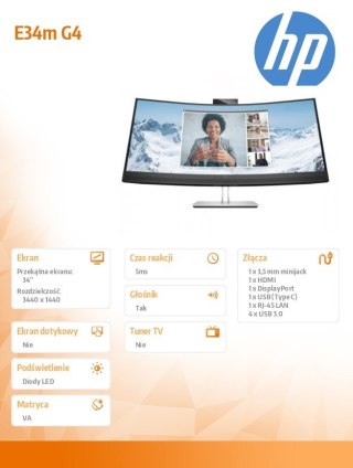 Monitor konferencyjny HP E34m G4 USB-C WQHD zakrzywiony z kamerą 5MP
