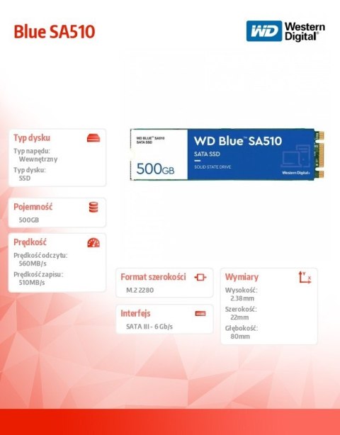 Dysk SSD Western Digital Blue SA510 500GB M.2 2280 szybki wewnętrzny